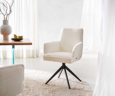 DELIFE Draaistoel Heira-Flex met armleuning bouclé wit kruisframe breed zwart 360° draaibaar pocketveer kern