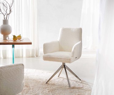 DELIFE Draaistoel Heira-Flex met armleuning bouclé wit kruisframe breed roestvrij staal 360° draaibaar pocketveer kern