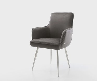 DELIFE Eetkamerstoel Heira-Flex met armleuning microvelours antraciet vintage 4-poot conisch roestvrij staal pocketveer kern