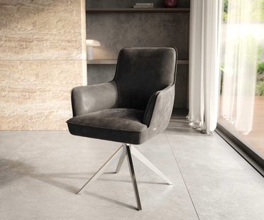 DELIFE Draaistoel Heira-Flex met armleuning microvelours antraciet vintage kruisframe breed roestvrij staal 360° draaibaar pocketveer kern