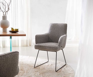 DELIFE Eetkamerstoel Heira-Flex met armleuning bouclé zilver grijs slipframe zwart pocketveer kern