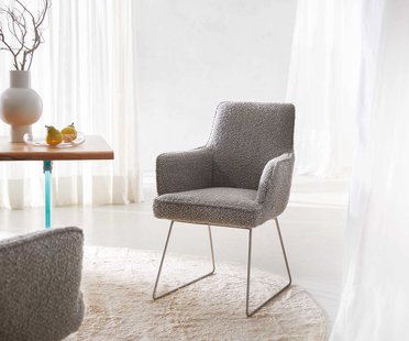 DELIFE Eetkamerstoel Heira-Flex met armleuning bouclé zilver grijs slipframe roestvrij staal pocketveer kern