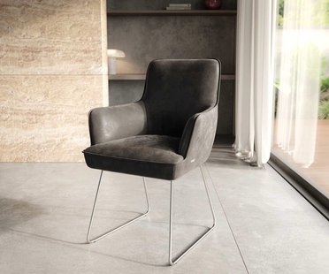 DELIFE Eetkamerstoel Heira-Flex met armleuning microvelours antraciet vintage slipframe roestvrij staal pocketveer kern