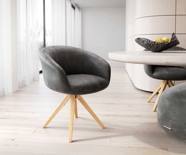 DELIFE Draaistoel Vinka-Flex met armleuning microvelours antraciet vintage houten frame hoekig natuur 180° draaibaar pocketveer kern