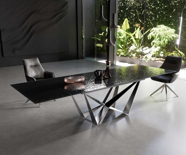 DELIFE Eetkamertafel Edge 200-300x100 Glas smelten rokerig zwart 3D-Relief spider vlak staal RVS uitschuifbaar