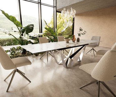 DELIFE Eetkamertafel Edge 200-300x100 keramiek Calacatta Luxe wit-goud-grijs spider vlak staal RVS uitschuifbaar