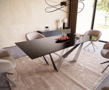 DELIFE Eetkamertafel Edge 180-220x100 Glas smelten rokerig zwart 3D-Relief spider vlak staal RVS uitschuifbaar