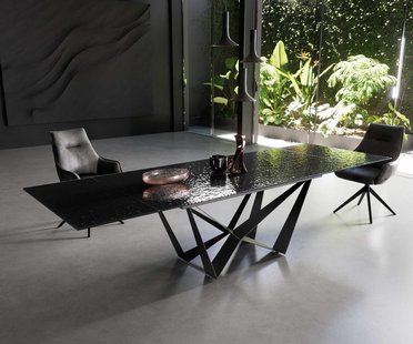 DELIFE Eetkamertafel Edge 200-300x100 Glas smelten rokerig zwart 3D-Relief spider vlak staal zwart uitschuifbaar