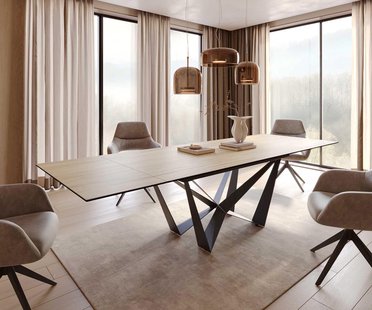 DELIFE Eetkamertafel Edge 200-300x100 keramiek Laminam® Sabbia eiken kleur spider vlak staal zwart uitschuifbaar