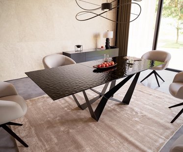 DELIFE Eetkamertafel Edge 180-220x100 Glas smelten rokerig zwart 3D-Relief spider vlak staal zwart uitschuifbaar