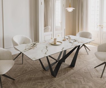 DELIFE Eetkamertafel Edge 180-220x100 keramiek Calacatta Luxe wit-goud-grijs spider vlak staal zwart uitschuifbaar