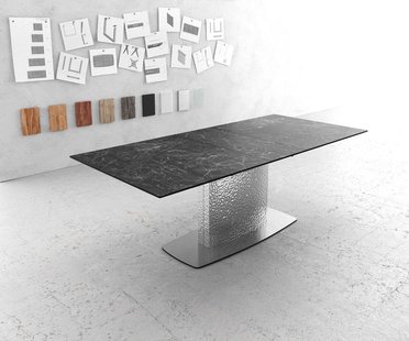 DELIFE Eetkamertafel Edge 180-220x90 keramiek Laminam®Nero Greco grijs Wave RVS uitschuifbaar