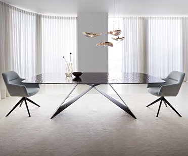 DELIFE Eetkamertafel Edge Boot 240x120 Glas smelten rokerig zwart 3D-Relief V-frame vlak staal zwart