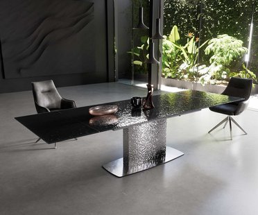 DELIFE Eetkamertafel Edge 200-300x100 Glas smelten rokerig zwart 3D-Relief Wave RVS uitschuifbaar