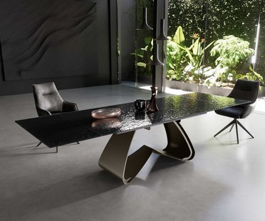 DELIFE Eetkamertafel Edge 200-300x100 Glas smelten rokerig zwart 3D-Relief W-frame effectafwerking Titaan uitschuifbaar