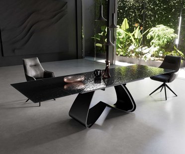 DELIFE Eetkamertafel Edge 200-300x100 Glas smelten rokerig zwart 3D-Relief W-frame zwart uitschuifbaar