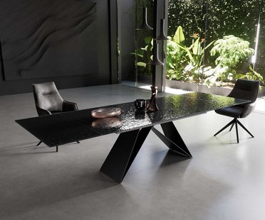 DELIFE Eetkamertafel Edge 200-300x100 Glas smelten rokerig zwart 3D-Relief V-frame vlak staal zwart uitschuifbaar