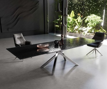 DELIFE Eetkamertafel Edge 200-300x100 Glas smelten rokerig zwart 3D-Relief kruisframe rechthoek RVS uitschuifbaar