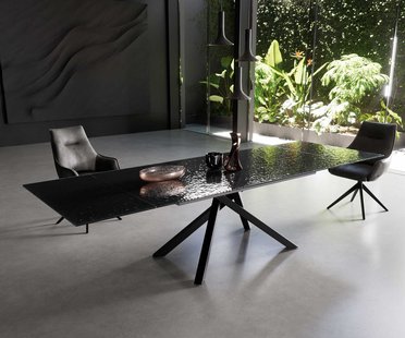 DELIFE Eetkamertafel Edge 200-300x100 Glas smelten rokerig zwart 3D-Relief kruisframe rechthoek zwart uitschuifbaar