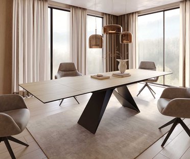 DELIFE Eetkamertafel Edge 200-300x100 keramiek Laminam® Sabbia eiken kleur V-frame vlak staal zwart uitschuifbaar