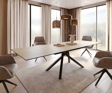 DELIFE Eetkamertafel Edge 200-300x100 keramiek Laminam® Sabbia eiken kleur kruisframe rechthoek zwart uitschuifbaar