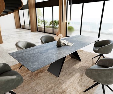 DELIFE Eetkamertafel Edge 200-300x100 keramiek Laminam®Nero Greco grijs V-frame vlak staal zwart uitschuifbaar