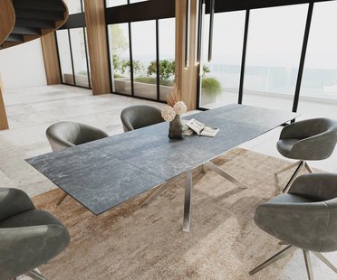 DELIFE Eetkamertafel Edge 200-300x100 keramiek Laminam®Nero Greco grijs kruisframe rechthoek RVS uitschuifbaar