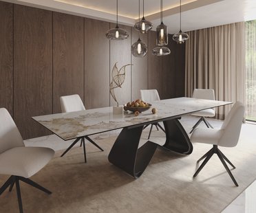 DELIFE Eetkamertafel Edge 200-300x100 keramiek Minas Melange wit-beige W-frame zwart uitschuifbaar