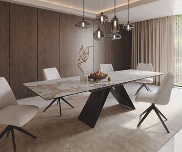 DELIFE Eetkamertafel Edge 200-300x100 keramiek Minas Melange wit-beige V-frame vlak staal zwart uitschuifbaar