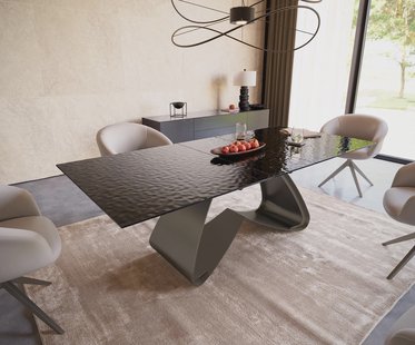 DELIFE Eetkamertafel Edge 180-220x100 Glas smelten rokerig zwart 3D-Relief W-frame effectafwerking Titaan uitschuifbaar