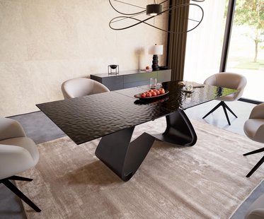 DELIFE Eetkamertafel Edge 180-220x100 Glas smelten rokerig zwart 3D-Relief W-frame zwart uitschuifbaar