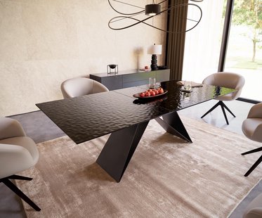 DELIFE Eetkamertafel Edge 180-220x100 Glas smelten rokerig zwart 3D-Relief V-frame vlak staal zwart uitschuifbaar