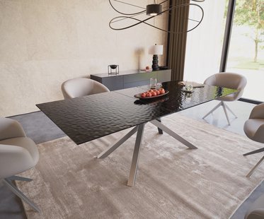 DELIFE Eetkamertafel Edge 180-220x100 Glas smelten rokerig zwart 3D-Relief kruisframe rechthoek RVS uitschuifbaar