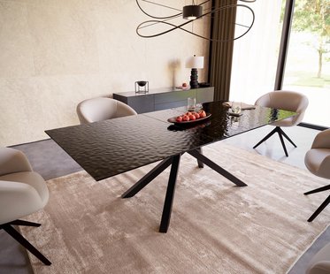 DELIFE Eetkamertafel Edge 180-220x100 Glas smelten rokerig zwart 3D-Relief kruisframe rechthoek zwart uitschuifbaar