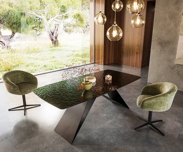 DELIFE Eetkamertafel Edge Boot 200x100 Glas smelten rokerig zwart 3D-Relief V-frame vlak staal zwart