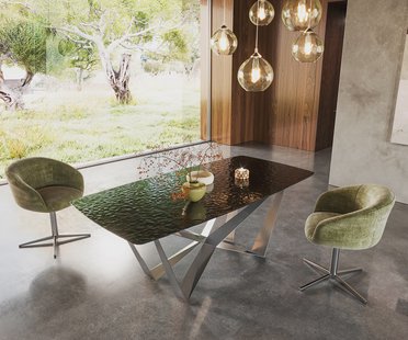 DELIFE Eetkamertafel Edge Boot 200x100 Glas smelten rokerig zwart 3D-Relief spider vlak staal RVS