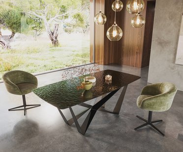 DELIFE Eetkamertafel Edge Boot 200x100 Glas smelten rokerig zwart 3D-Relief spider vlak staal zwart