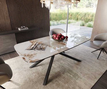 DELIFE Eetkamertafel Edge Boot 200x100 keramiek Minas Melange wit-beige kruisframe rechthoek zwart