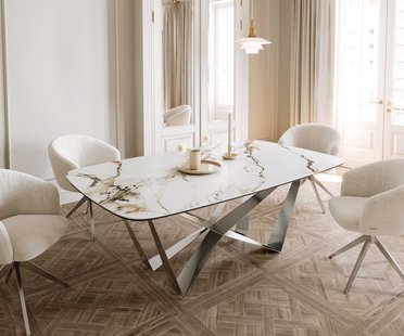 DELIFE Eetkamertafel Edge Boot 200x100 keramiek Calacatta Luxe wit-goud-grijs spider vlak staal RVS