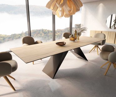 DELIFE Eetkamertafel Edge 300x100 keramiek Laminam® Sabbia eiken kleur V-frame vlak staal zwart