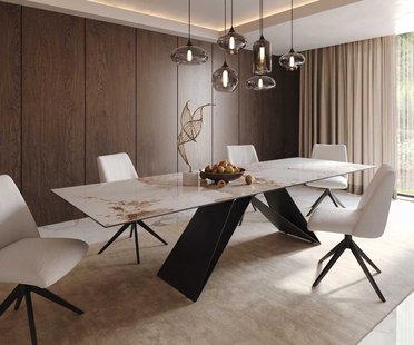 DELIFE Eetkamertafel Edge 300x100 keramiek Minas Melange wit-beige V-frame vlak staal zwart