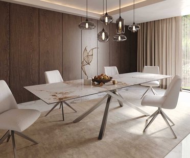 DELIFE Eetkamertafel Edge 300x100 keramiek Minas Melange wit-beige kruisframe rechthoek RVS