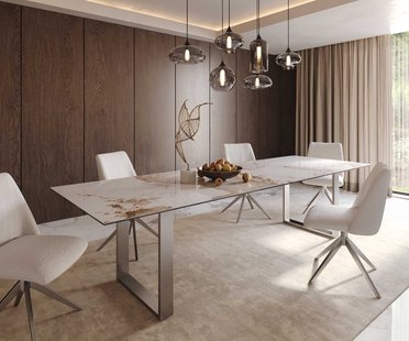 DELIFE Eetkamertafel Edge 300x100 keramiek Minas Melange wit-beige RVS Schmal