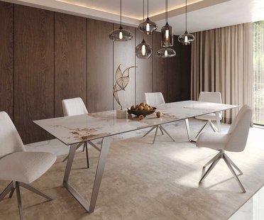 DELIFE Eetkamertafel Edge 300x100 keramiek Minas Melange wit-beige RVS schuin