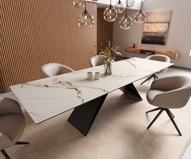 DELIFE Eetkamertafel Edge 300x100 keramiek Calacatta Luxe wit-goud-grijs V-frame vlak staal zwart