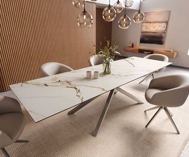 DELIFE Eetkamertafel Edge 300x100 keramiek Calacatta Luxe wit-goud-grijs kruisframe rechthoek RVS