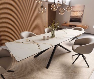 DELIFE Eetkamertafel Edge 300x100 keramiek Calacatta Luxe wit-goud-grijs kruisframe rechthoek zwart