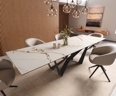 DELIFE Eetkamertafel Edge 300x100 keramiek Calacatta Luxe wit-goud-grijs spider vlak staal zwart