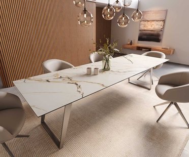 DELIFE Eetkamertafel Edge 300x100 keramiek Calacatta Luxe wit-goud-grijs RVS schuin