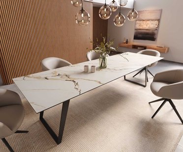DELIFE Eetkamertafel Edge 300x100 keramiek Calacatta Luxe wit-goud-grijs metaal schuin zwart